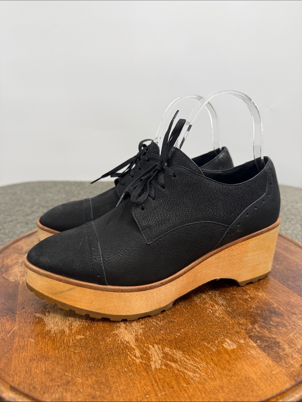 Eileen Fisher Shoes Wm 7 Black Leather Wood Platform Lace-Up Derby Oxfords